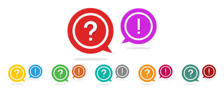 Question and exclamation mark. Icon of faq, help and support. Ask and answer symbol in circle. Sign for problem, speech, chat and debate. Background for talk and information. Advice in bubble. Vector.のイラスト素材