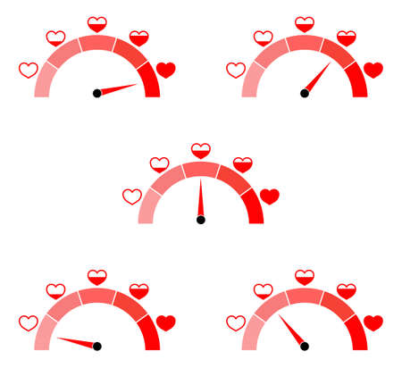 Love meter. Full heart of love on test. Infographic with indicator for valentine day. Gauge of passion. Speedometer for measure level of romance and satisfaction. Icon for good valentine card. Vector.のイラスト素材