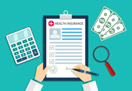 Health insurance. Medical insurer with form of healthcare. Doctor in hospital with money and calculator. Cost and bill on insurance for patient. Medicine checklist in document. Icon of clinic. Vector.のイラスト素材