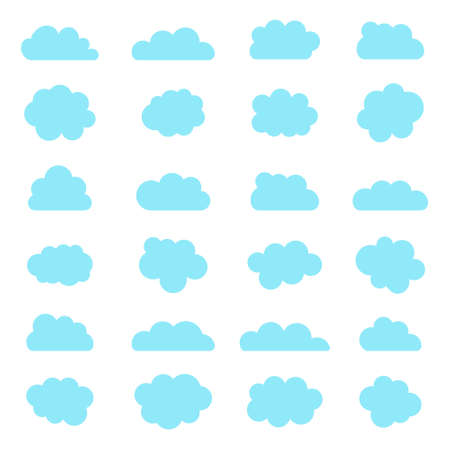 Cloud icons. Blue shapes of sky in cartoon style. Bubbles and balloons on white background. Set of abstract tags. Simple of graphic heaven symbols. Paper boxes for speech. Isolated banners. Vector.のイラスト素材