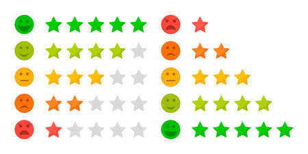 Scale with emoji and stars. Service for rating, survey and feedback from customer. Smiley with level of satisfaction. Happy or bad face emoticon. Icons for negative and positive emotion. Vector.のイラスト素材