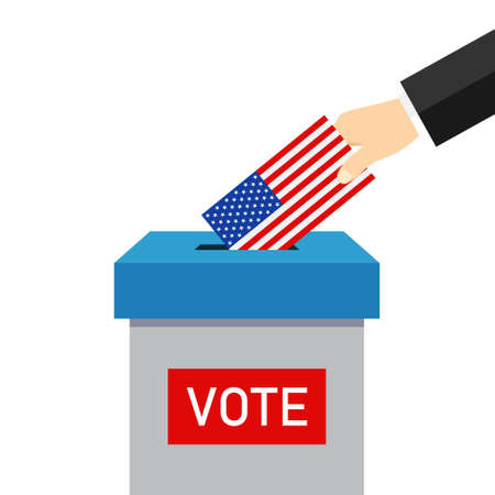 Vote 2020 in usa. Paper ballot and box for presidential election. Hand voter with card is symbol...