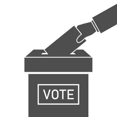 Ballot box and hand with vote. Icon of election. Voter with envelope on referendum. Candidate in government, parliament, president. Man with paper of poll. Political symbol. Vector.のイラスト素材