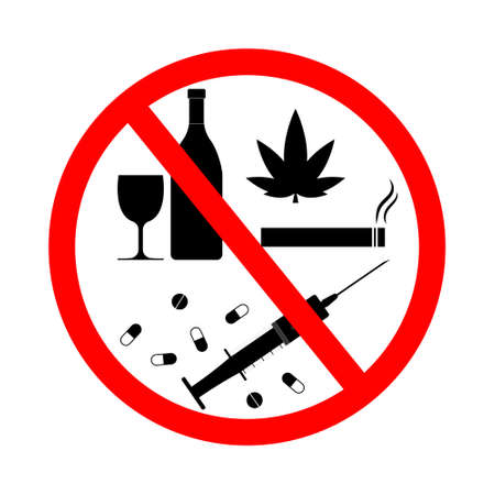 Drug, alcohol, smoke, vape sign forbidden. Tobacco and cannabis icons for stop. Warning and danger from cigarette and drunk. Symbol of ban of cigarettes, vodka and weed. Risk for health. Vector.のイラスト素材
