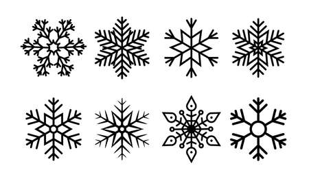 Snowflake for christmas. Icon geometric set of snow. Line winter ornament. White flake of snow. Frozen cold snowflake for xmas holiday. Graphic simple illustration of ice. December collection. Vector.のイラスト素材