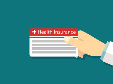 Card of health insurance. Medical icon. Payment card in doctor or patient hand. Credit, debt and money for healthcare. Purchase of health insurance. Symbol of hospital, finance and clinic. Vector.のイラスト素材
