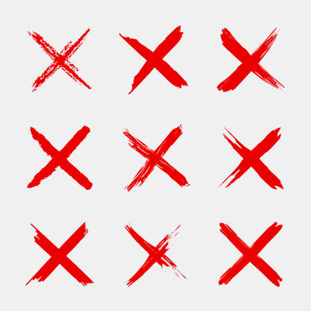 Cross sign. X icon. Red sketch mark. Grunge brush for symbol of wrong, delete, error, cancel and reject. Paint and ink for handwritten. Logo for vote and check. Blood stamp in shape of cross. Vector.のイラスト素材