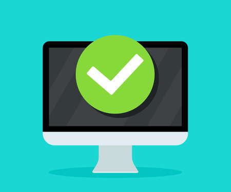 Icon of complete update in computer. Notification of done update in laptop. Tick of approve on pc screen. Check of task on desktop of computer. Symbol of accept, ok. Concept of successful app. Vector.のイラスト素材