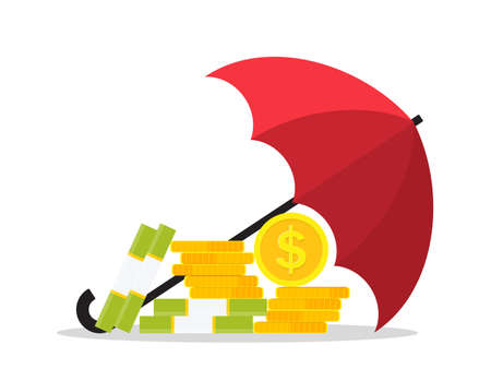 Money under an umbrella. Protect and insurance of money in bank. Icon of financial safety. Concept of save business, income. Shield of finance guarantee. Security of economy, budget, wealth. Vector.のイラスト素材