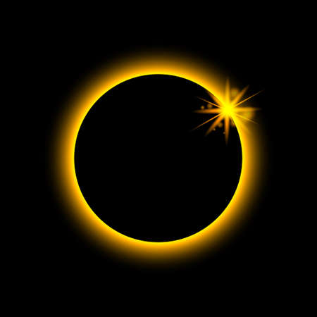 Total eclipse solar. Sun planet glows in ring. Circle earth in fire. Moon light on night space. Full eclipse with red aura on black outer. Astronomy mystery. Abstract cosmic star with shine. Vector.のイラスト素材