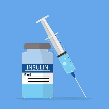 Insulin in bottle with syringe for injection. Syringe with needle for diabetes. Vial with insulin. Icon of vaccine. Diabetic concept. Medical liquid for chronic patient. Dose for inject. Vector.のイラスト素材