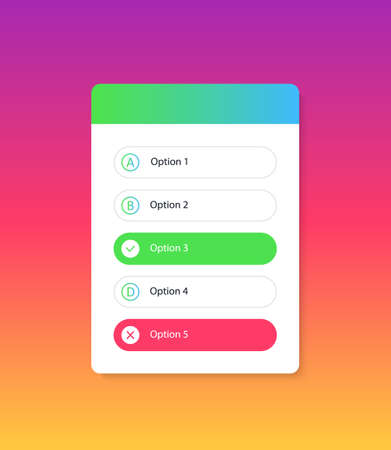 Quiz and question icon. Template for poll. Interface for asks in social media. Sticker with test for guess isolated on gradient background. Logo for ui and app. Digital mockup with options. Vector.のイラスト素材