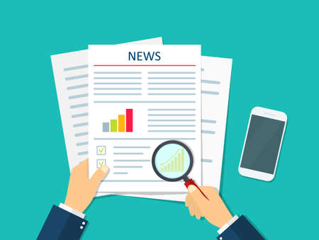 Newspaper icon. News wtih business analysis. Businessman research and read top news with glass. Latest data on paper. Page of daily press with announcements and graphs in hand. Office design. Vector.のイラスト素材