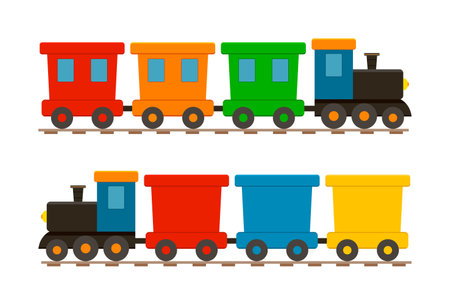 Toy train for kid. Cartoon child locomotive with wagons. Icon of cute train on railway. Isolated set on white background for children. Locomotive with engine and wheels on rails for holiday. Vector.のイラスト素材