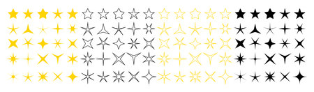 Icons of sparkle stars. Set of twinkle stars for holiday and christmas. Shiny graphic symbol for feedback or decorative. Yellow, black and silhouette shapes of magic logos. Bright stars. Vector.のイラスト素材