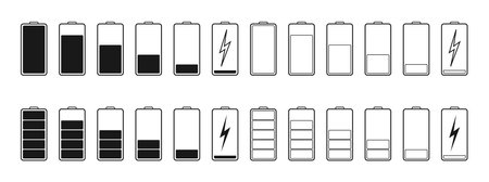 Battery icons. Full or low charge of phone. Symbol of charger. Power of mobile lithium accumulator. Recharge capacity of battery. Indicator of energy in smartphone. Empty cell of charge. Vector.のイラスト素材