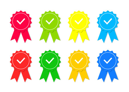 Icon of quality. Stamp with check for premium mark, best quality, guarantee. Certificate with seal of approve. Award badge with tick of good product. Symbol of satisfaction. Ribbon with medal. Vector.のイラスト素材