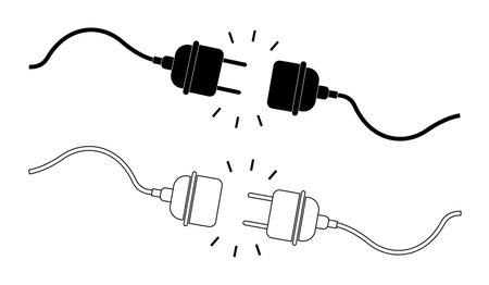 Icon of plug and socket. 404 error. Disconnect and connect of electric cable. Electricity power in cord and outlet. Graphic illustration for disconnection of equipment. Voltage in adapter. Vector.のイラスト素材