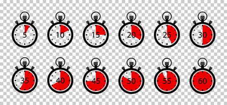 Clock timer with stopwatch. Icon of countdown for speed, cooking and sport. Watch time on round clock with minute, second. Start and stop on graphic chronometer. Counter with seconds. Vector.のイラスト素材