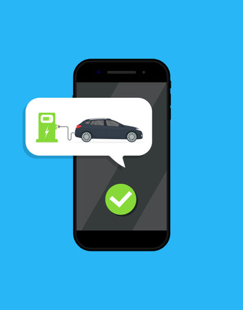 Application of petrol and electrical station in smartphone. Mobile app with gas station for car. Online service for transport with payment. Gasoline and eco station on phone screen. Vector.のイラスト素材