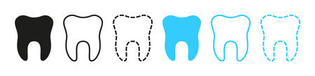Icon of tooth. logo for dentist clinic. Graphic outline of teeth for dentistry. Symbols health of smile. Sign of toothache. Black and blue molars on white background. Icon for care of mouth. Vector.のイラスト素材