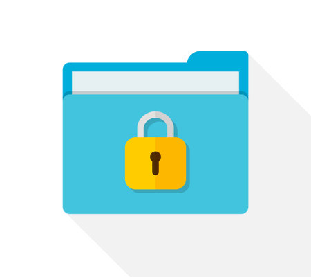 File in folder with lock. Icon of confidential of document. Privacy and secure data. Protect of information with padlock, secret and password. Safety storage files in computer, archive, app. Vector.のイラスト素材