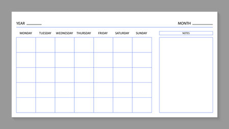 Month planner template. Blank calendar for 2021 year. Page for agenda. Calender with grid on wall. A4 planner for month and year. Organizer with days of week for planning. Schedule of work. Vector.のイラスト素材