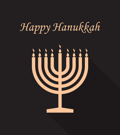 Happy hanukkah. Menorah of chanukah. Hanuka greeting card. Jewish hanukah with shalom. Menora with candles on black background. Design banner of judaism. Hebrew festival or party. Vector.のイラスト素材