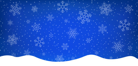 Blue winter background with snowflakes. Abstract blue illustration with borders, white snow for christmas holiday. Xmas card with snowfall, light on magic backdrop. Design of greeting banner. Vector.のイラスト素材