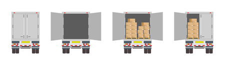 Truck of logistic. Back of delivery van. Open and closed door of container with boxes. Cargo in truck for transportation and export. Car for delivery of good from warehouse. Cartoon lorry rear. Vectorのイラスト素材