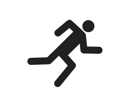 Icon of runner. Run of man on track. silhouette of human on marathon. Fast run in sport and sprint. Symbol of jogging. Black logo of sprinter on white background. Sign for active exercise. Vector.のイラスト素材