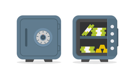 Safe with money and gold. Open and close metal vault. Icons of safe for bank. Box with door for safety of deposit. Container of financial storage. Vault with lock. Protection, security concept. Vectorのイラスト素材