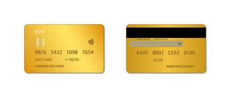 Gold credit card. Mockup of golden bank card. design of vip plastic card. Template of realistic...