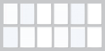 Paper with line and grid. Page of school notebook. White sheet for note. Notepad with texture. Template of notepaper isolated on gray background. Blank letter of diary for homework, write. Vector.のイラスト素材