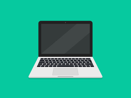 Laptop with screen and keyboard. Laptop in cartoon style. icon of computer in front. Mockup of open notebook. design monitor for office, home and workspace. PC isolated on green background. Vector.のイラスト素材