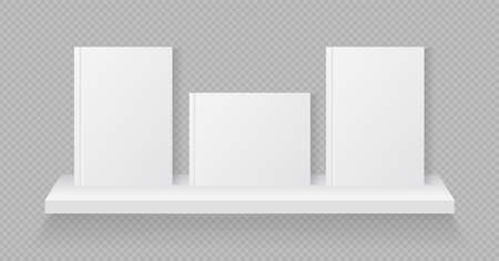 Books on bookshelf. White mockup of book with cover. Shelf for magazine and library. Blank mock up of realistic books on showcase for store, home and office. Three brochure on rack in row. Vector.のイラスト素材