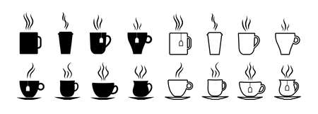Cup icon for coffee and tea. Cup silhouette for cafe. Hot espresso, latte, cappuccino in mug. Graphic logo for coffee or tea takeaway. Black symbol with steam, smoke and aromatic. Vector.のイラスト素材