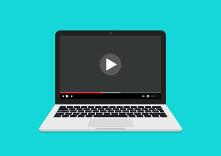 Video on laptop. online webinar on computer. Video player on laptop screen. Watch video tutorial. Icon of web conference. Internet streaming on computer. movie on display. Vector.のイラスト素材