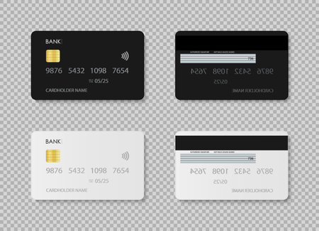 Credit card. Debit card. Design of template plastic card for bank in front and back. Mockup with chip for payment. Realistic set with white and black icons isolated on transparent background. Vector.のイラスト素材