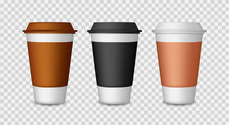 Coffee cup. Paper and plastic mockup of mug with lid. Cup for tea in cafe. Take away hot coffee. Set of template for drink of latte, espresso, cappuccino in mug. Design of mock for restaurant. Vector.のイラスト素材