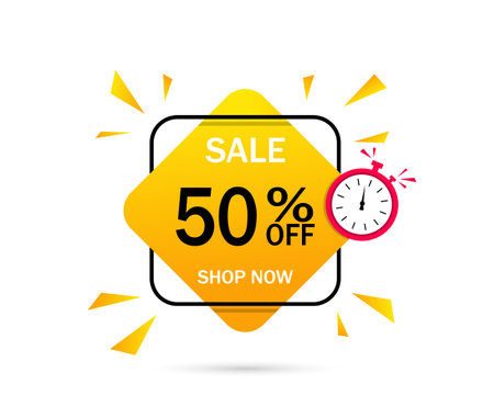Banner of sale with discount of 50 percent. Label for special offer with price. Design emblem for sell. Badge for announcement and retail. Fashion coupon. Vector.のイラスト素材