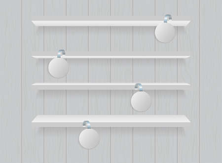 Wobbler on shelf of supermarket. Mockup of sticker for sale, price and product. Round template with plastic dangler. Design of label for advertising in shop. Wobler for promotion on shelves. Vector.のイラスト素材