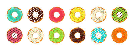 Donut and cupcake. Donut with chocolate and glazed. Sweet cake for dessert. Cartoon icons of donuts with icing isolated on white background. Set of round ring donuts. Vector.のイラスト素材