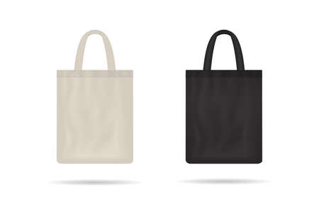 Canvas bag. mockup of fabric tote. Cloth totebag with handle. template of black and white cotton eco bag. Reusable tote for shopping. Blank mock for shopper. Ecobag for grocery. Vector.のイラスト素材