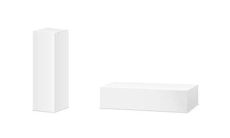 Box mockup. 3d white package for cosmetic, toothpaste and medicine. Template of carton rectangular box for tube. Blank mock up of cardboard isolated on white background. Packaging of product. Vector.のイラスト素材