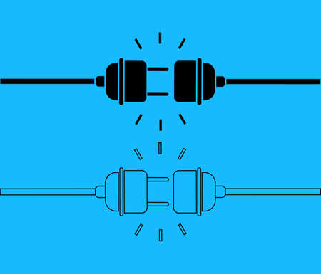 404 error. Electric disconnect. Plug with socket. Icon of connect and disconnect of plug with socket. Power of electric cable and line. Failure in network. Symbol of unplugged energy or cord. Vector.のイラスト素材