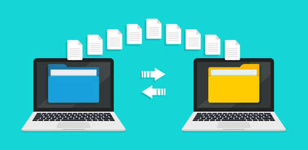 Transfer file of data between laptop. Transmission of document between computer. Backup of information on pc system. Exchange of file on folder in laptop. Send of document in internet. Vector.のイラスト素材