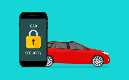 Car security. Lock of security on vehicle. Guard of auto against theft in mobile app. Icon of safety of car. Badge for anti theft. Service of protect automobile. Logo of safe. Sign of secure. Vector.のイラスト素材