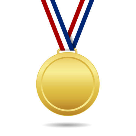 Gold medal with ribbon. Trophy of winner. Award for 1place. Prize of championship. Golden medal isolated on white background. Medalion with ribbon for champion. Honor for victory on ceremony. Vector.のイラスト素材