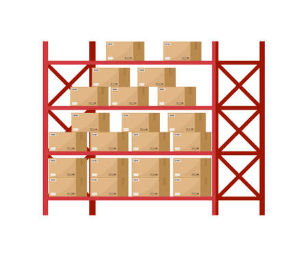 Warehouse inventory with rack and boxes. Shelf for storage of cargo. Stock of wholesale goods in warehouse of logistic. Icon of store, distribution. Merchandise on shelves of factory. Vector.のイラスト素材